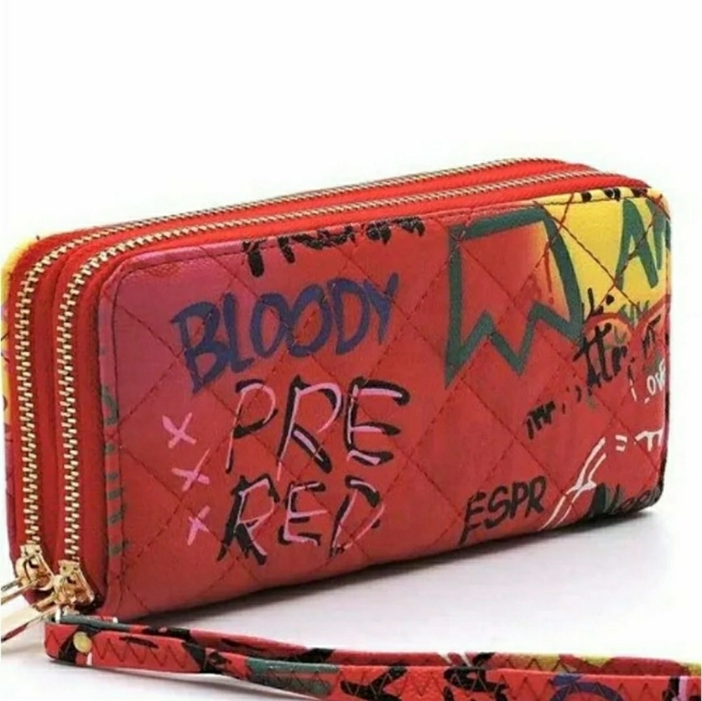 Graffiti Print Quilted  Double Zip Wallet